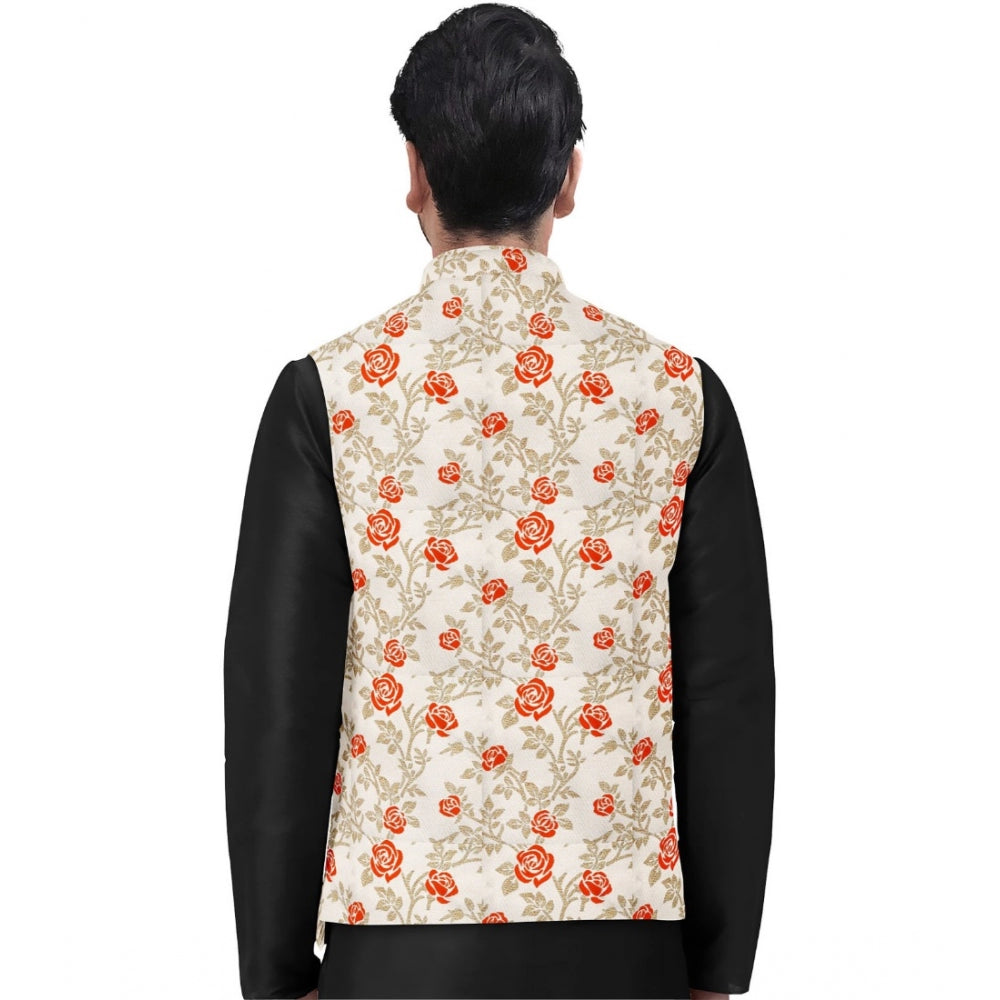 Men'S Jacquard Printed Full Sleeve Waistcoat (Orange-Beige)