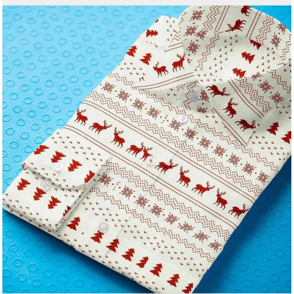 Men'S Cotton Blended Printed Full Sleeve Shirt (White-Red)