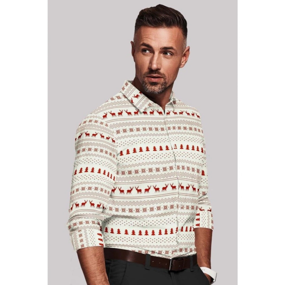 Men'S Cotton Blended Printed Full Sleeve Shirt (White-Red)