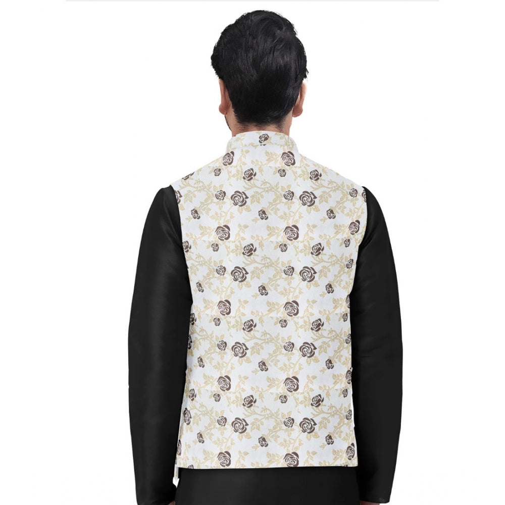 Men'S Jacquard Printed Full Sleeve Waistcoat (Beige)