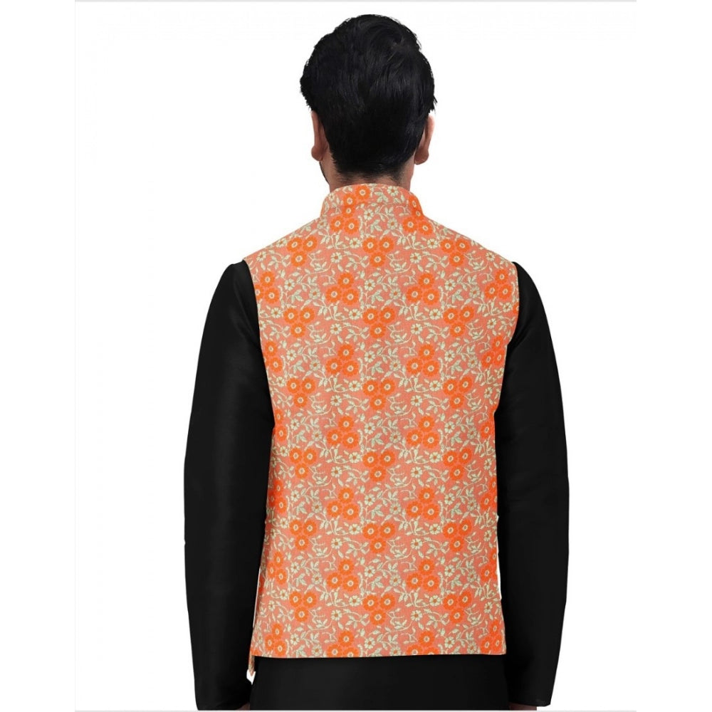 Men'S Jacquard Printed Full Sleeve Waistcoat (Orange)