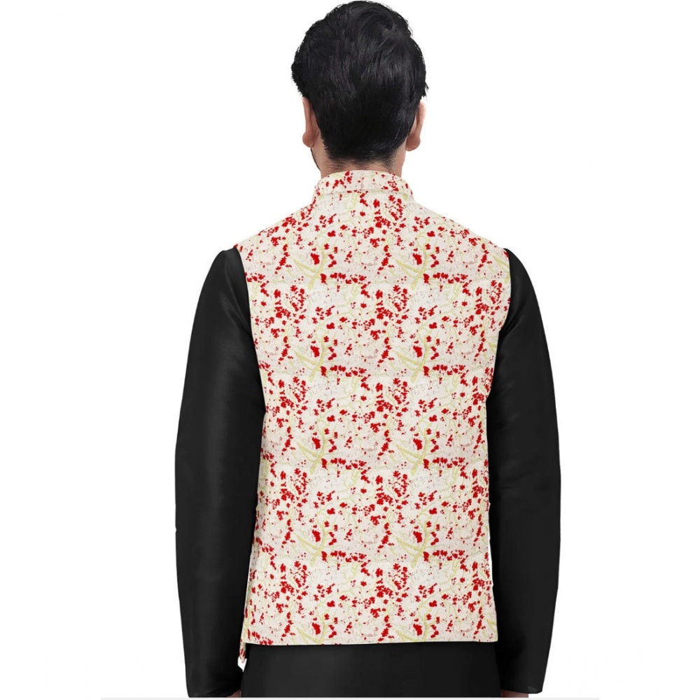 Men'S Jacquard Printed Full Sleeve Waistcoat (Red-Beige)