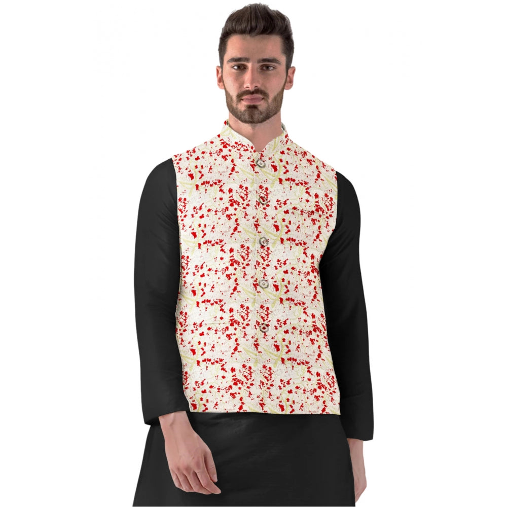 Men'S Jacquard Printed Full Sleeve Waistcoat (Red-Beige)