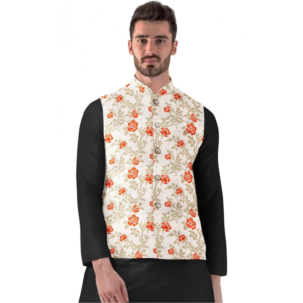 Men'S Jacquard Printed Full Sleeve Waistcoat (Orange-Beige)