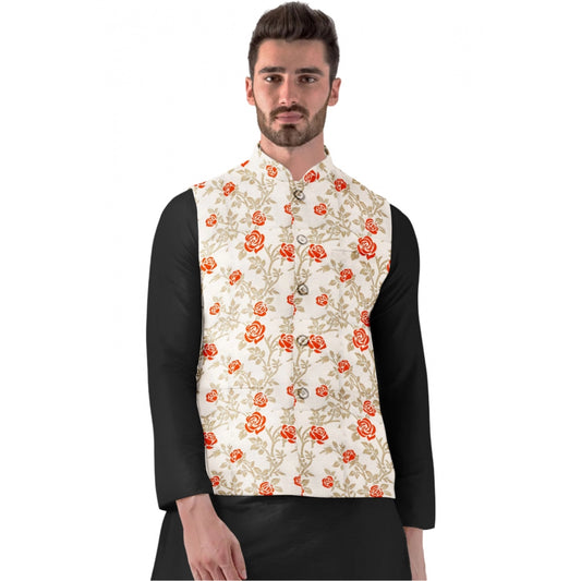 Men'S Jacquard Printed Full Sleeve Waistcoat (Orange-Beige)