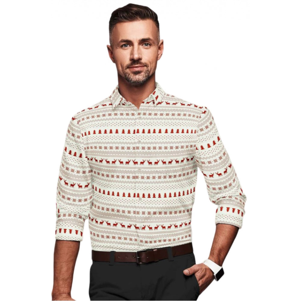 Men'S Cotton Blended Printed Full Sleeve Shirt (White-Red)