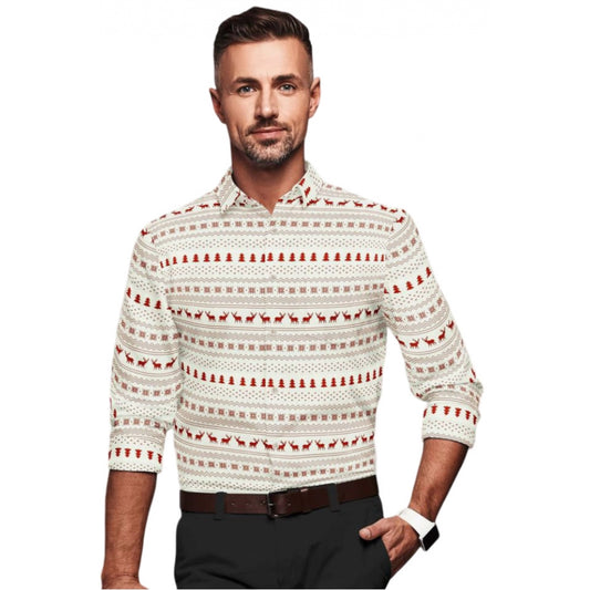 Men'S Cotton Blended Printed Full Sleeve Shirt (White-Red)