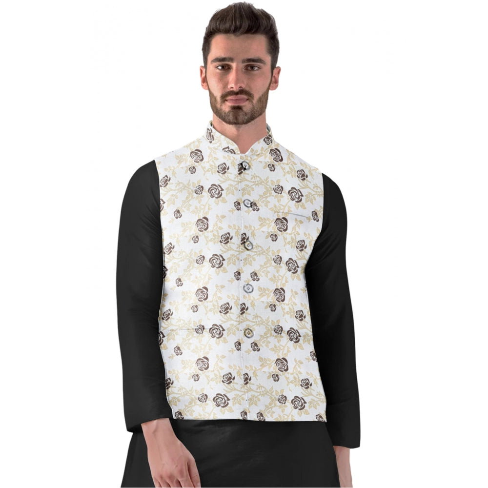 Men'S Jacquard Printed Full Sleeve Waistcoat (Beige)