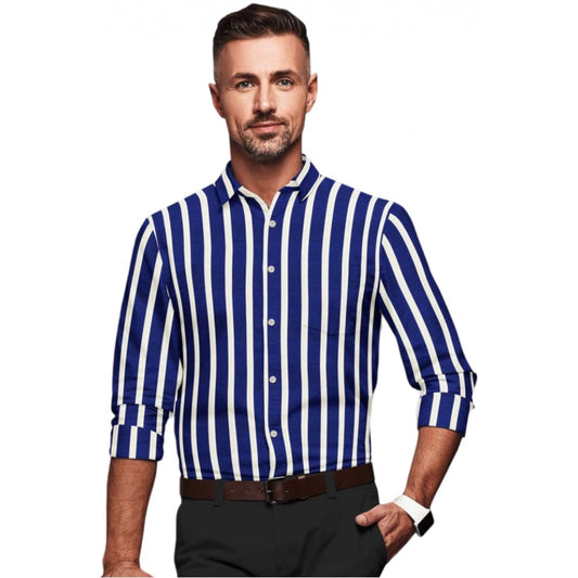 Men'S Cotton Blended Striped Full Sleeve Shirt (White-Blue)