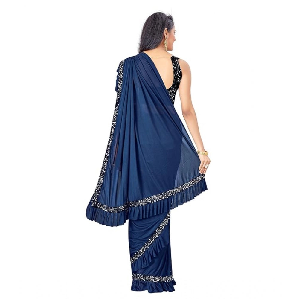 Women'S Lycra Solid Saree With Unstitched Blouse (Nay Blue, 5.