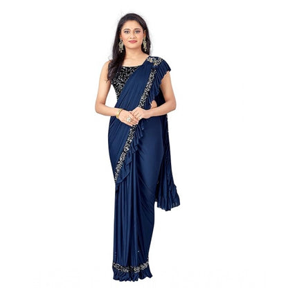 Navy Blue Lycra Saree With Unstitched Blouse