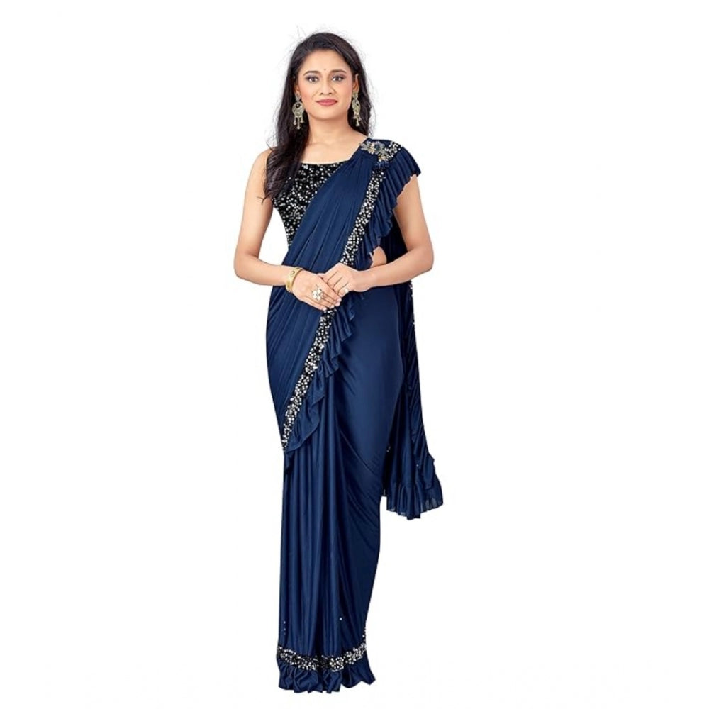 Women'S Lycra Solid Saree With Unstitched Blouse (Nay Blue, 5.
