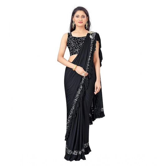Women's Lycra Solid Saree With Unstitched Blouse (Black, 5.5 Mtr) - VANSHELLE