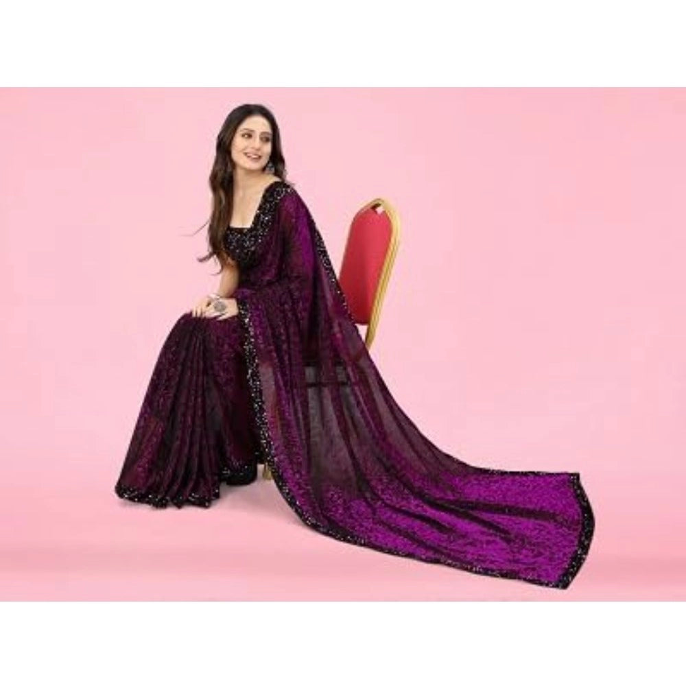 Women'S Lycra Floral Saree With Unstitched Blouse (Wine, 5.5 M