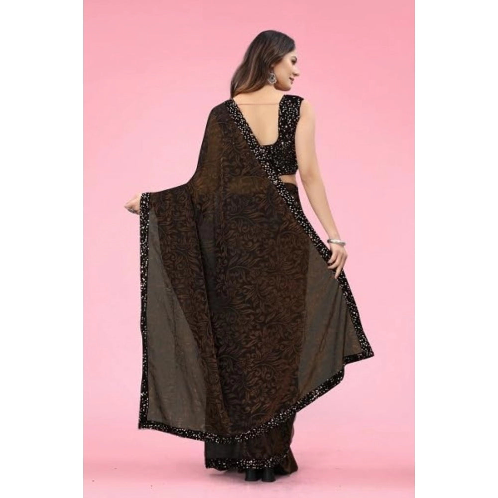 Women's Lycra Floral Saree With Unstitched Blouse (Brown, 5.5 Mtr) - VANSHELLE