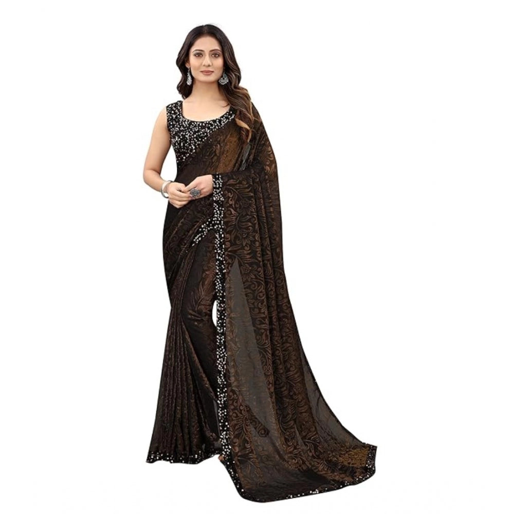 Women's Lycra Floral Saree With Unstitched Blouse (Brown, 5.5 Mtr) - VANSHELLE