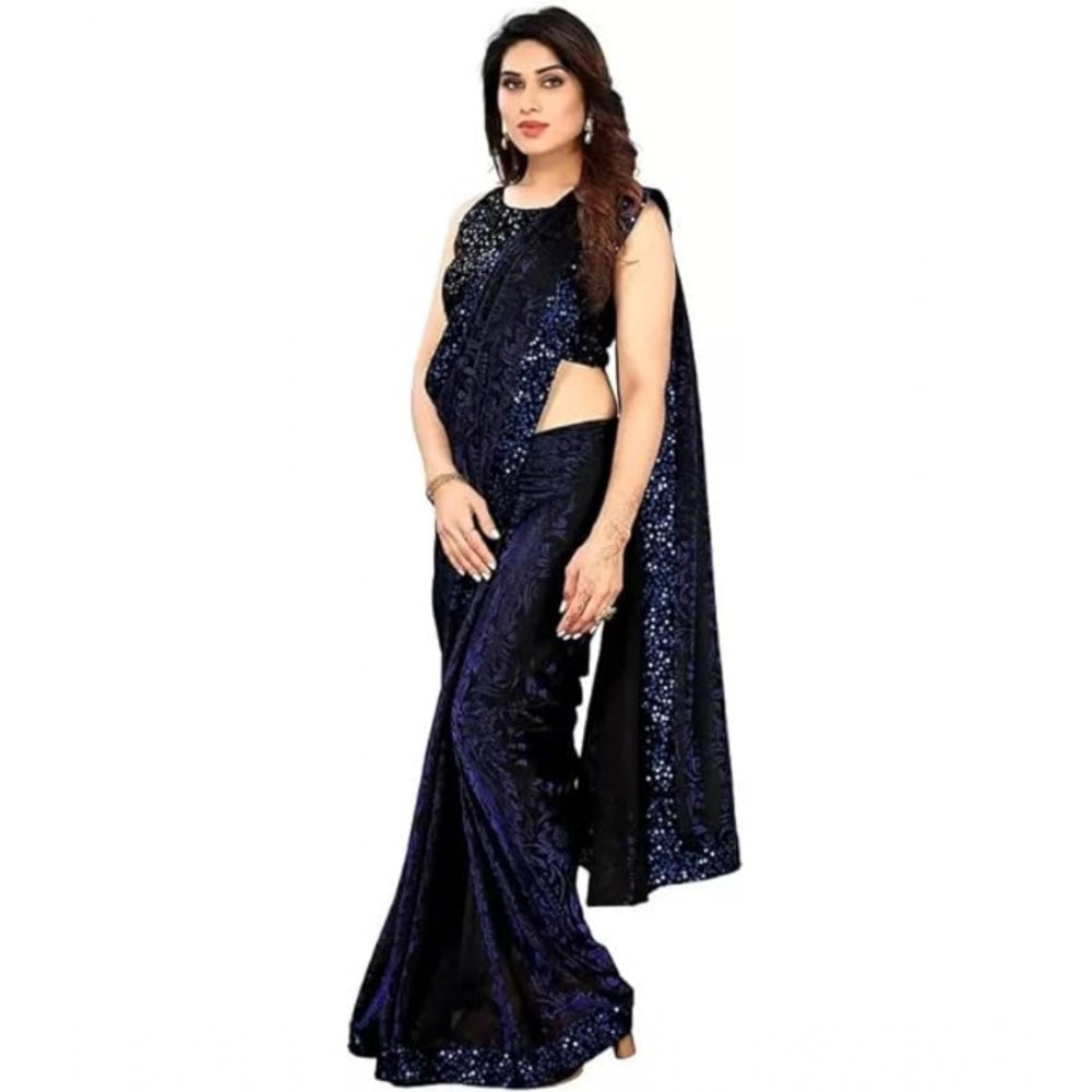 Women'S Lycra Floral Saree With Unstitched Blouse (Blue, 5.5 M