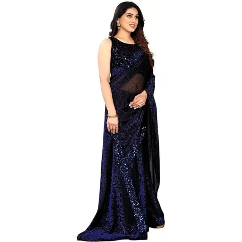 Women'S Lycra Floral Saree With Unstitched Blouse (Blue, 5.5 M