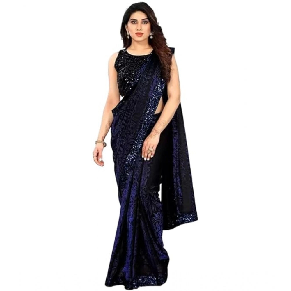 Women'S Lycra Floral Saree With Unstitched Blouse (Blue, 5.5 M