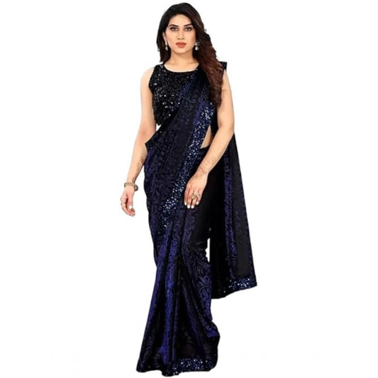 Women'S Lycra Floral Saree With Unstitched Blouse (Blue, 5.5 M