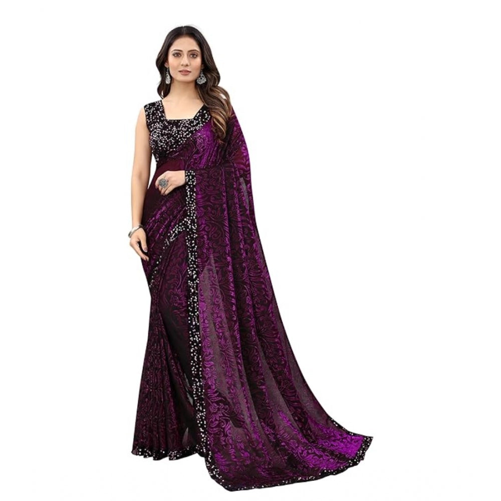 Women'S Lycra Floral Saree With Unstitched Blouse (Wine, 5.5 M