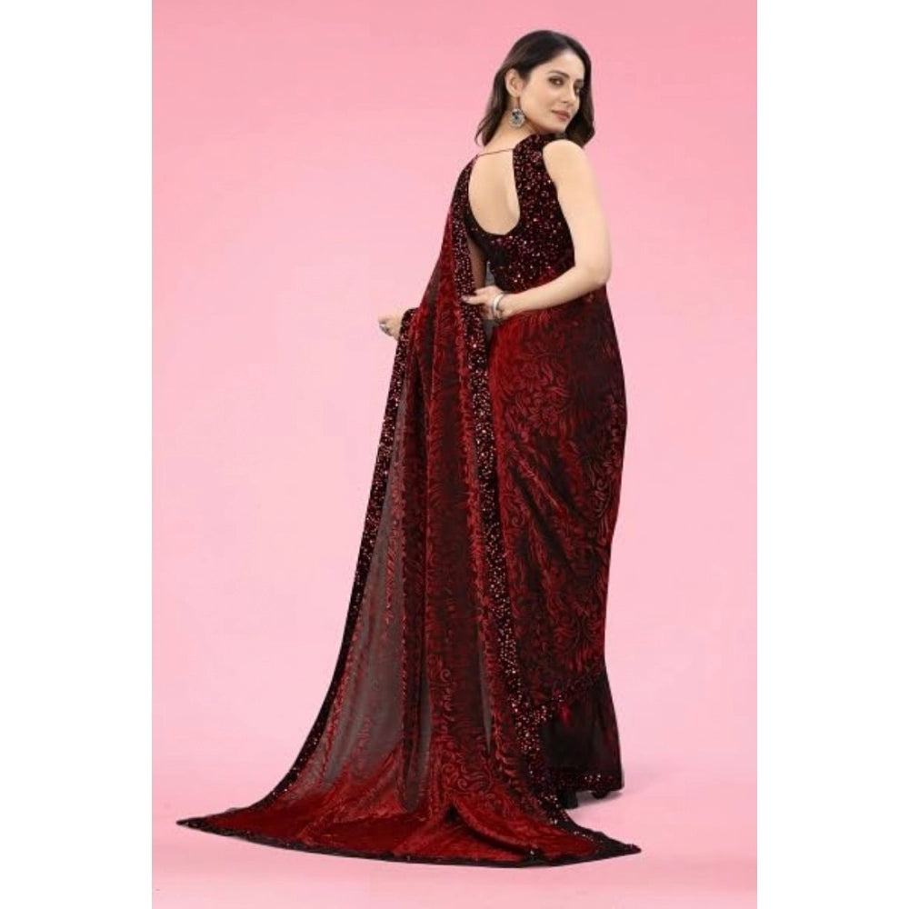 Women's Lycra Floral Saree With Unstitched Blouse (Maroon, 5.5 Mtr) - VANSHELLE