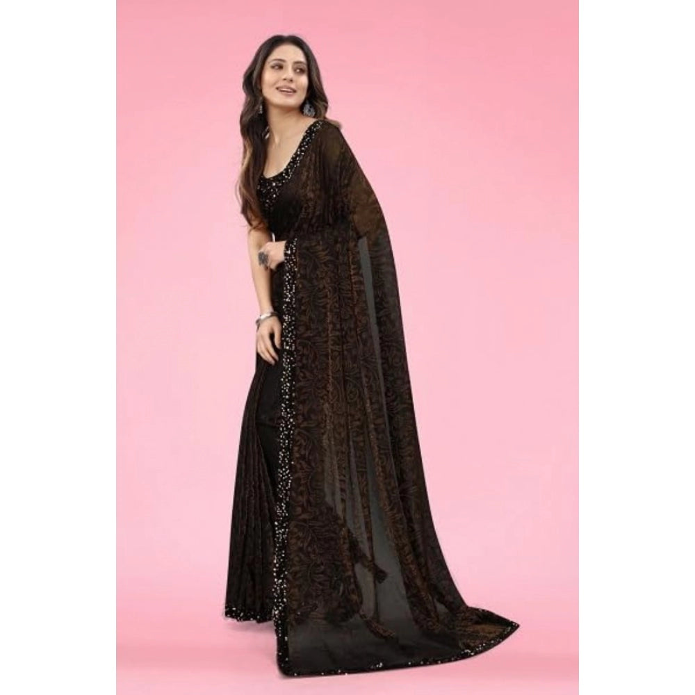 Women's Lycra Floral Saree With Unstitched Blouse (Brown, 5.5 Mtr) - VANSHELLE