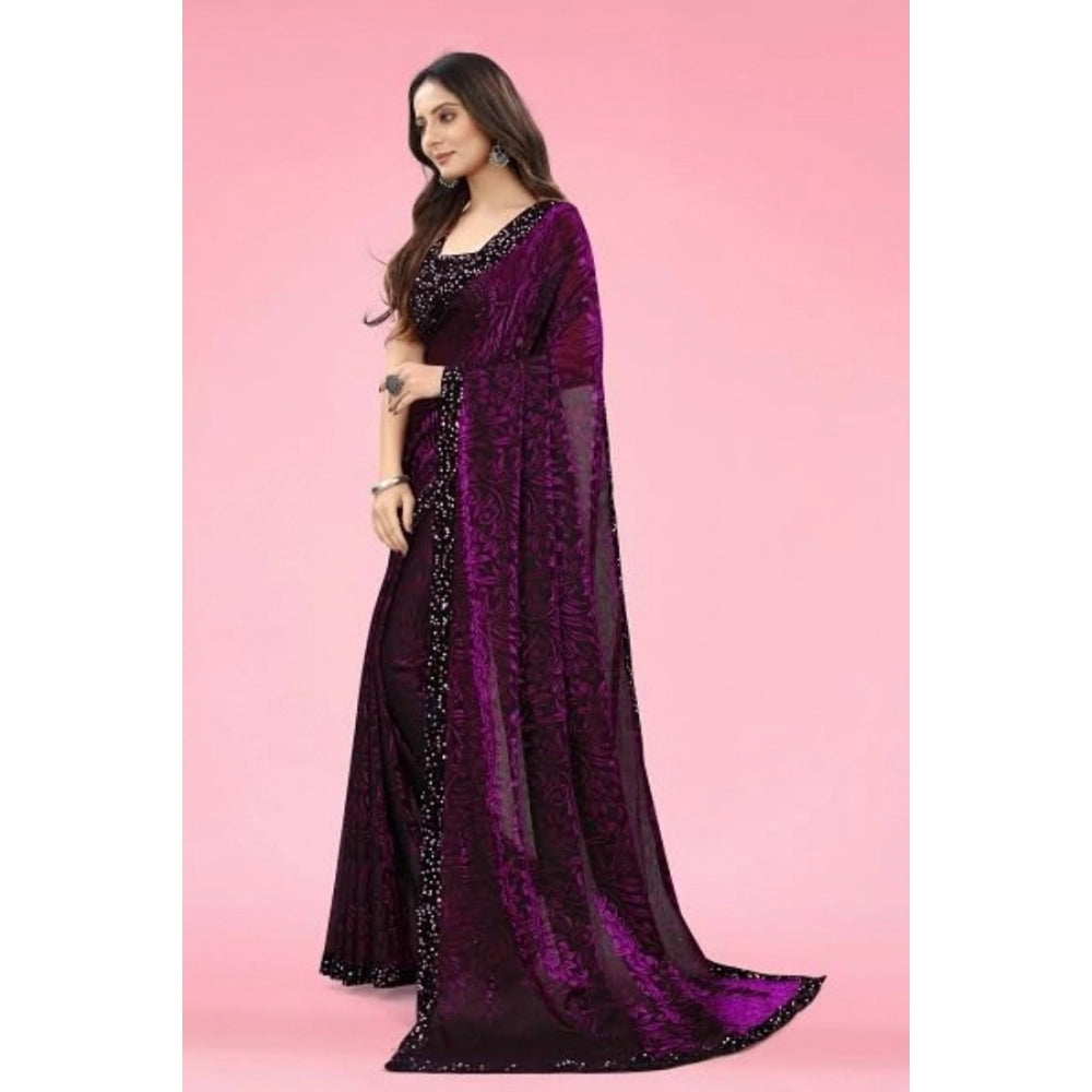 Women'S Lycra Floral Saree With Unstitched Blouse (Wine, 5.5 M