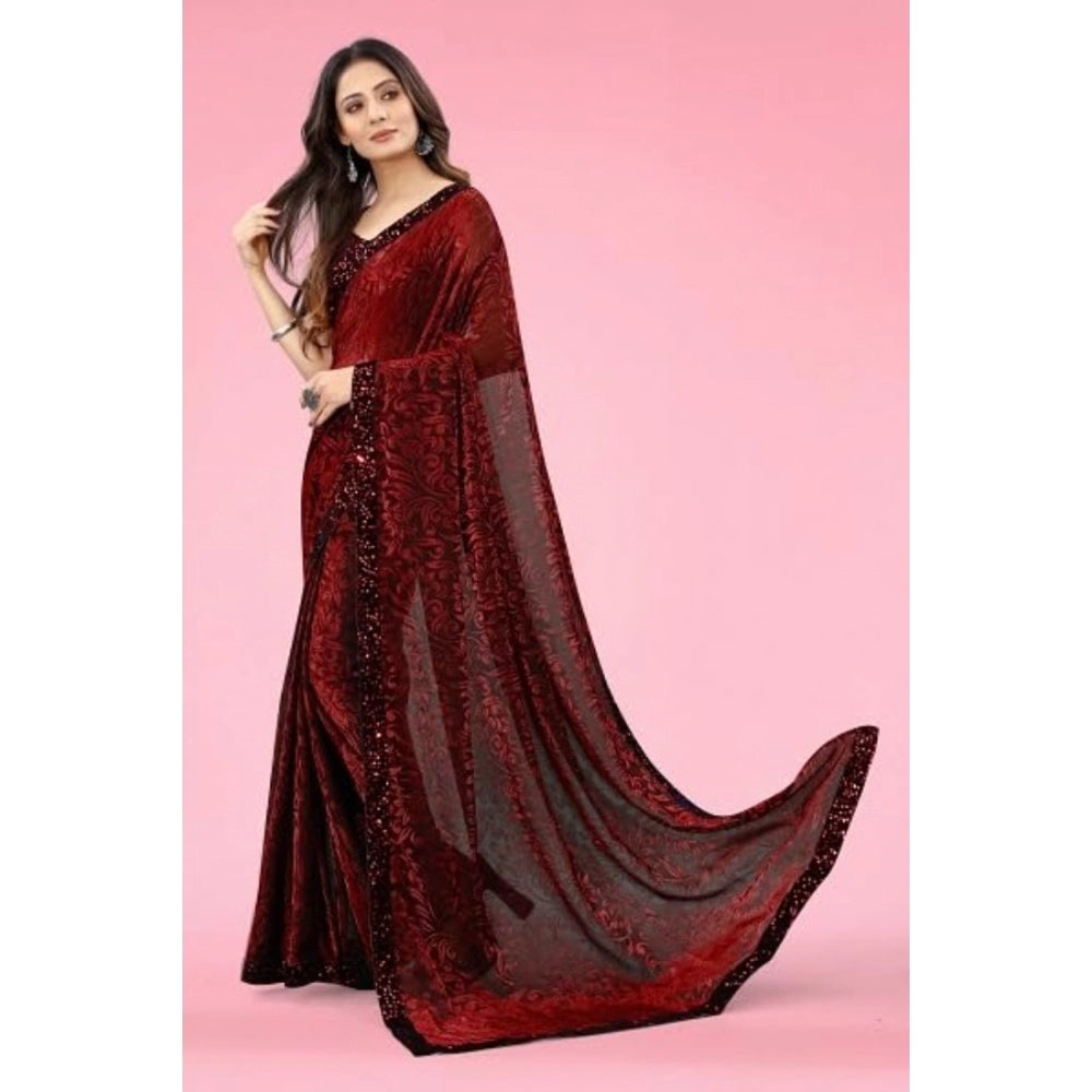 Women's Lycra Floral Saree With Unstitched Blouse (Maroon, 5.5 Mtr) - VANSHELLE