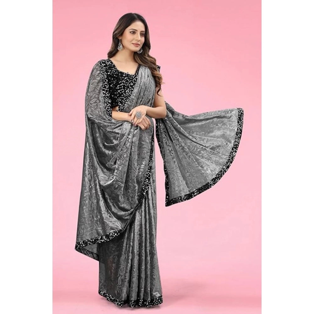 Women'S Lycra Floral Saree With Unstitched Blouse (Grey, 5.5 M