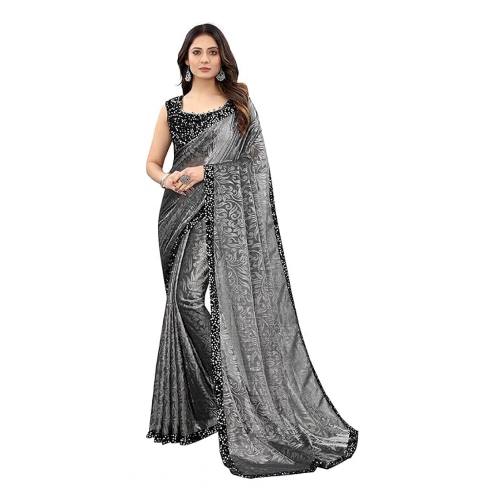 Women'S Lycra Floral Saree With Unstitched Blouse (Grey, 5.5 M