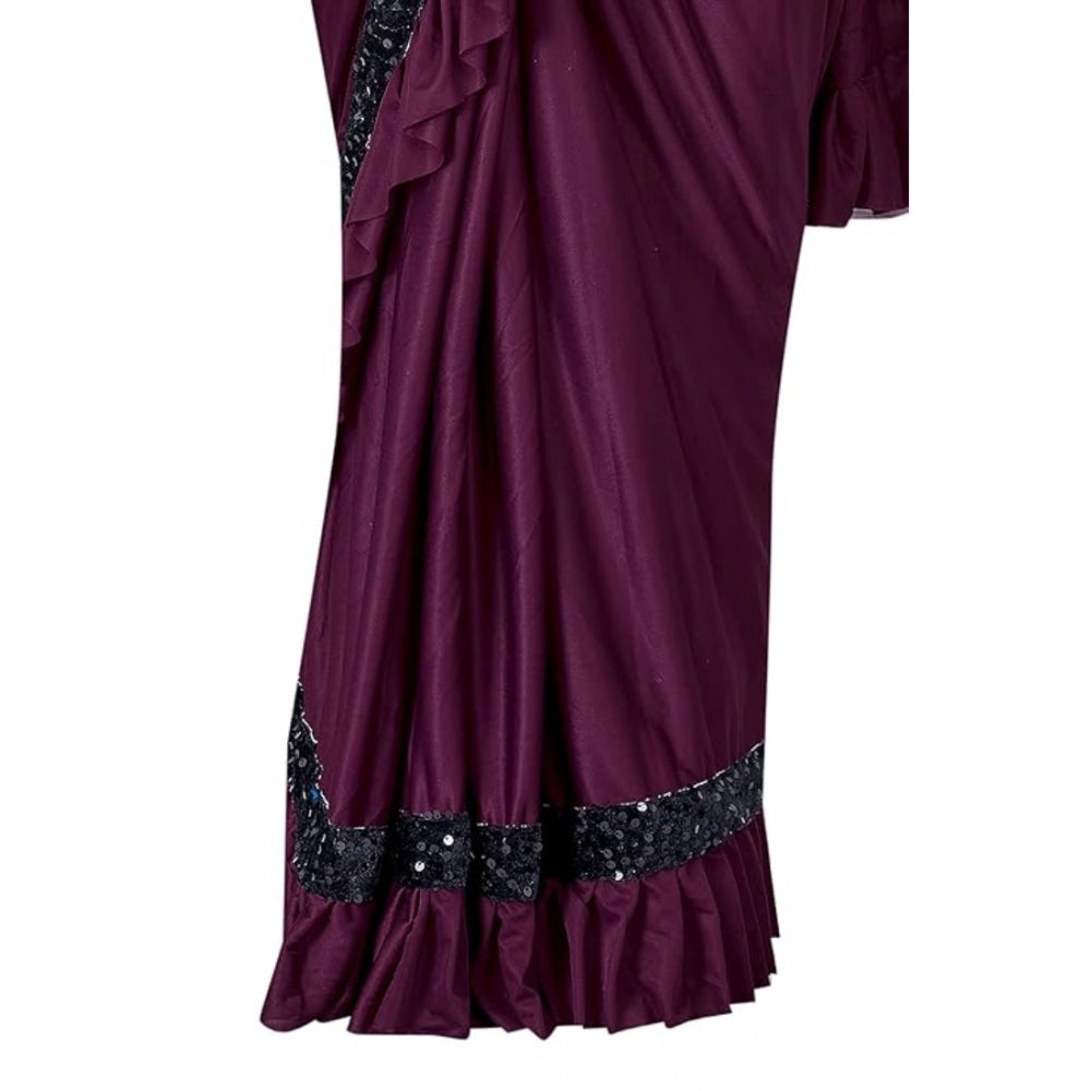 Women'S Lycra Solid Saree With Unstitched Blouse (Wine, 5.5 Mt