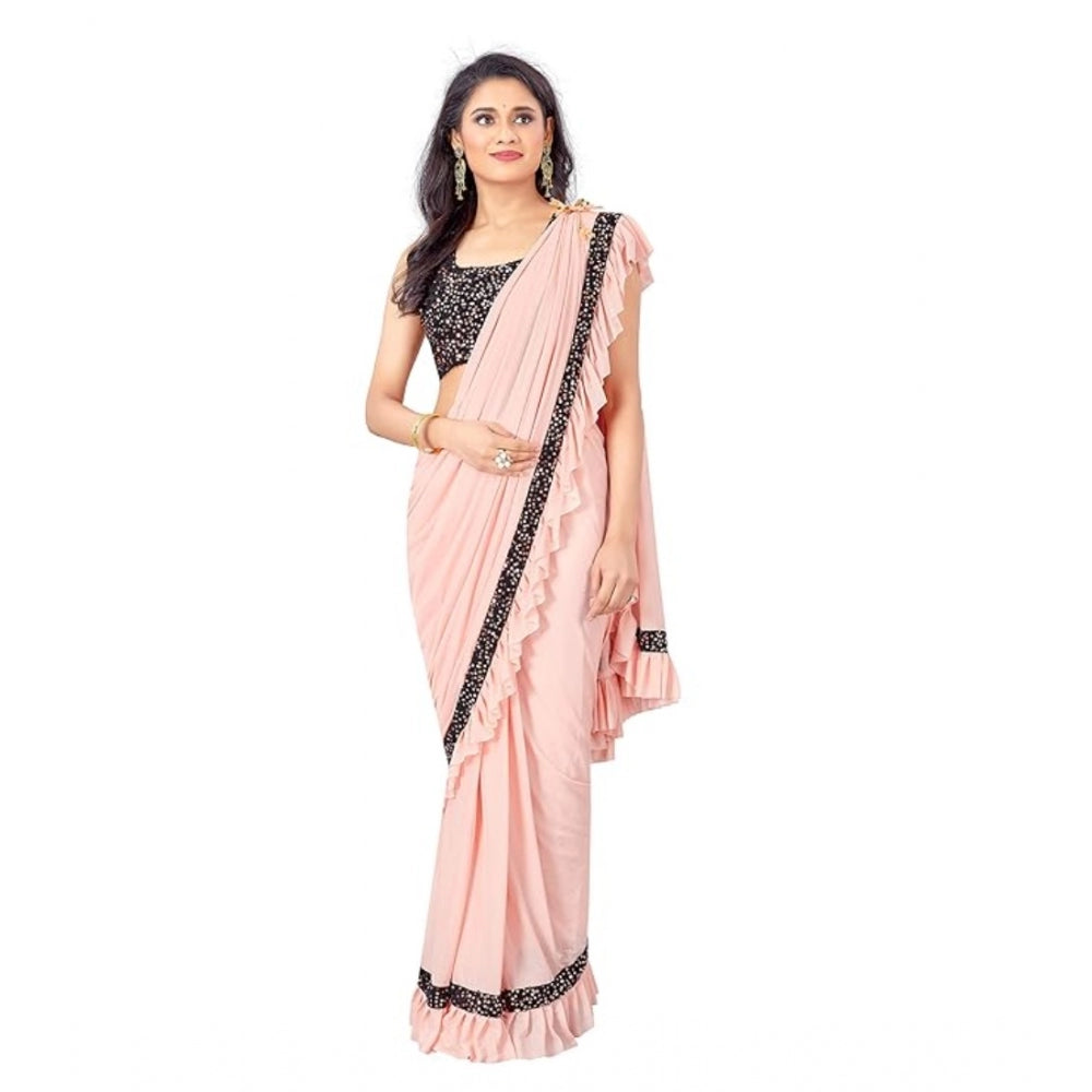 Women'S Lycra Solid Saree With Unstitched Blouse (Peach, 5.5 M