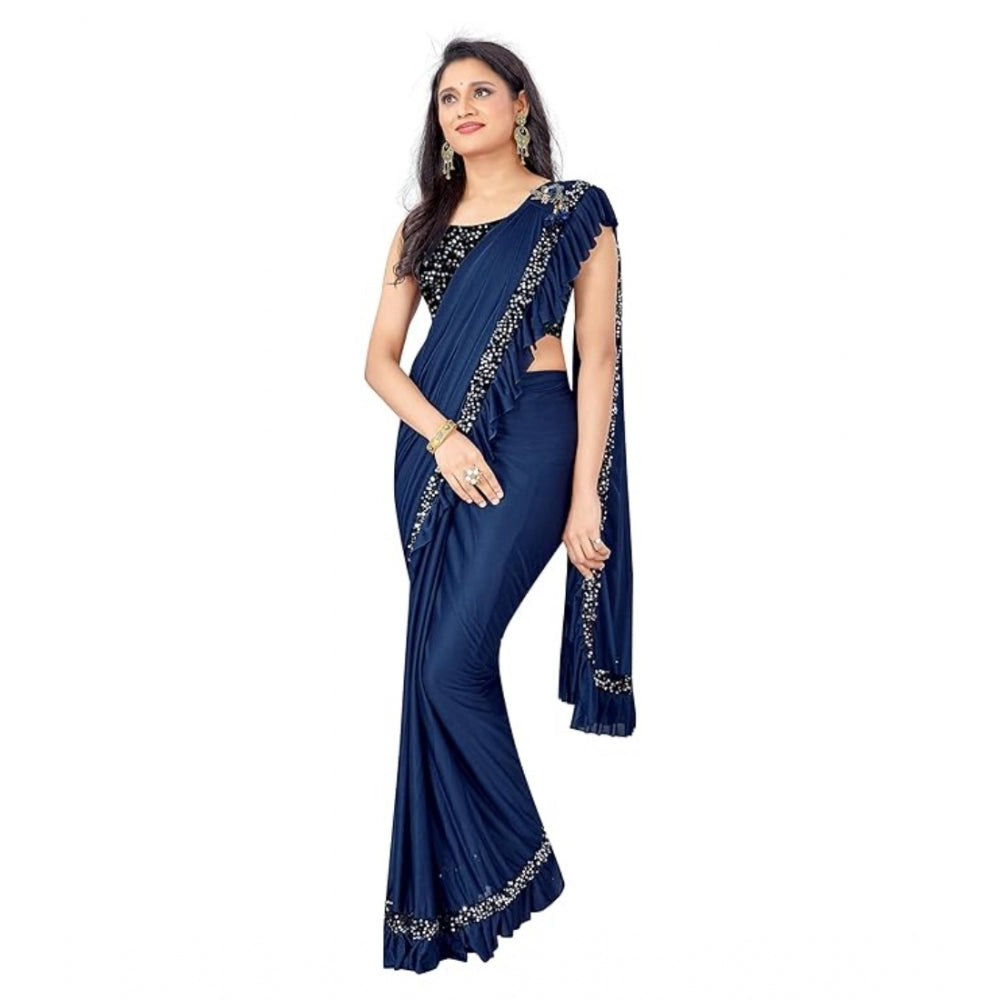 Women'S Lycra Solid Saree With Unstitched Blouse (Nay Blue, 5.