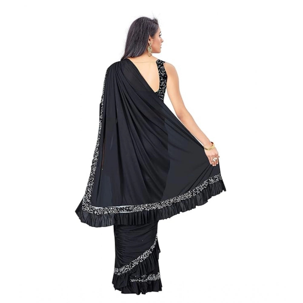 Women's Lycra Solid Saree With Unstitched Blouse (Black, 5.5 Mtr) - VANSHELLE