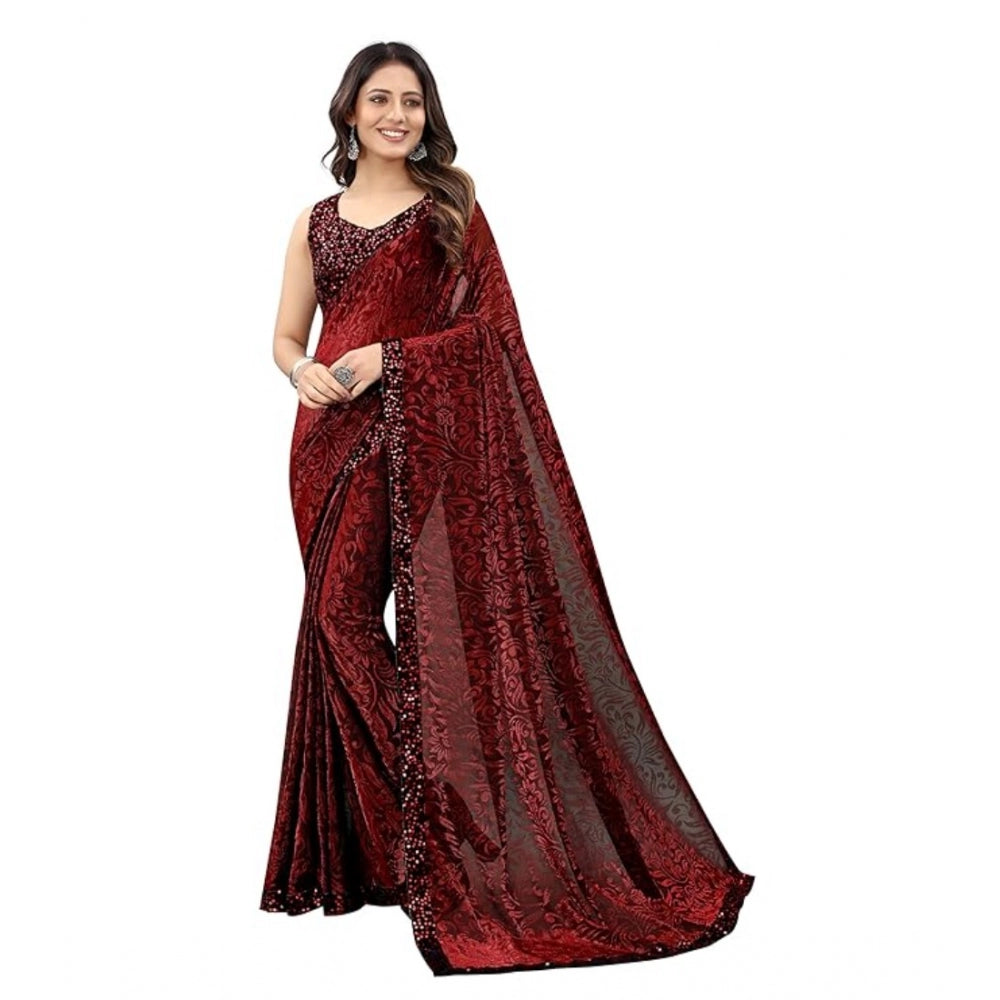 Women's Lycra Floral Saree With Unstitched Blouse (Maroon, 5.5 Mtr) - VANSHELLE