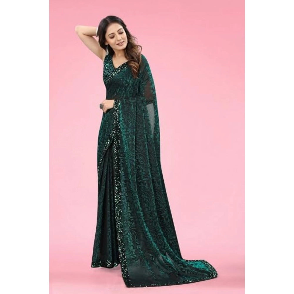 Women'S Lycra Floral Saree With Unstitched Blouse (Green, 5.5