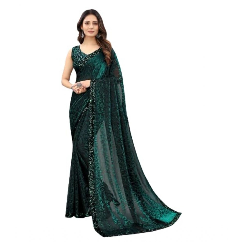 Women'S Lycra Floral Saree With Unstitched Blouse (Green, 5.5
