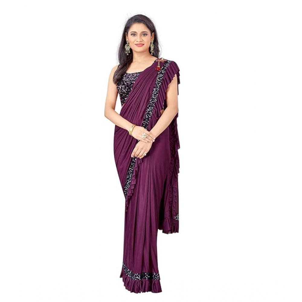 Women'S Lycra Solid Saree With Unstitched Blouse (Wine, 5.5 Mt