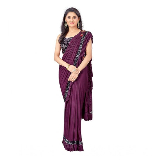Women'S Lycra Solid Saree With Unstitched Blouse (Wine, 5.5 Mt