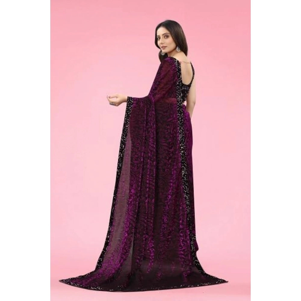 Women'S Lycra Floral Saree With Unstitched Blouse (Wine, 5.5 M