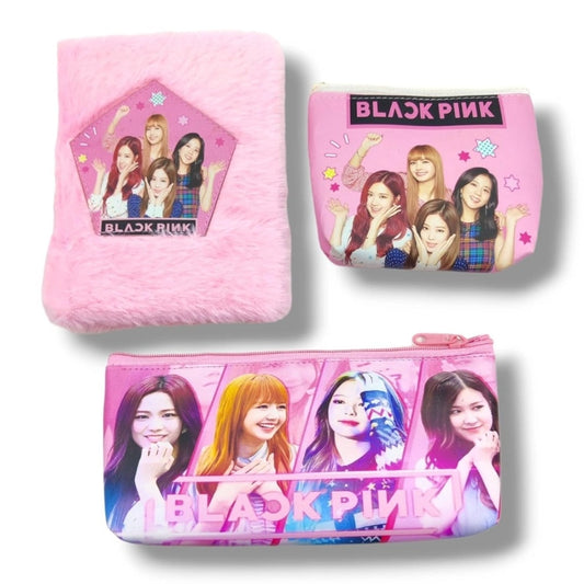 3 In 1 Black Pink Bts Stationery Set With 2 Pouchs And 1 Packet Dairy