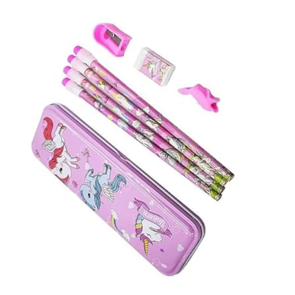 8_Pcs Set Unicorn Metal Pencil Box With 4 Pencils, 1 Sharpner, 1 Erace