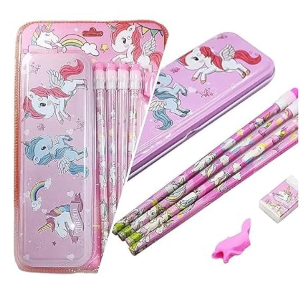 8_Pcs Set Unicorn Metal Pencil Box With 4 Pencils, 1 Sharpner, 1 Erace