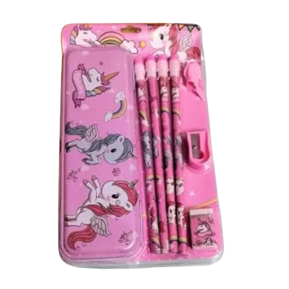 8_Pcs Set Unicorn Metal Pencil Box With 4 Pencils, 1 Sharpner, 1 Erace