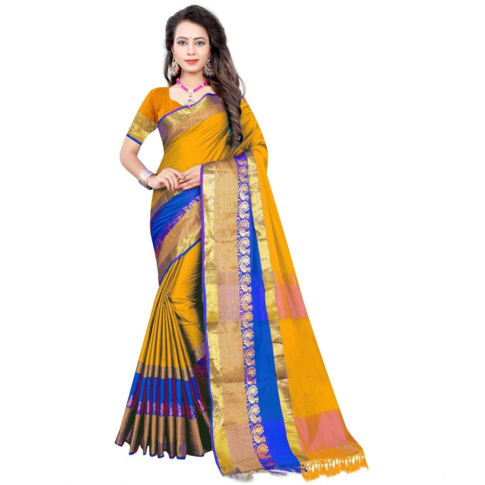 Women'S Jacquard Woven Saree With Unstitched Blouse 5.5Mtr (Ye