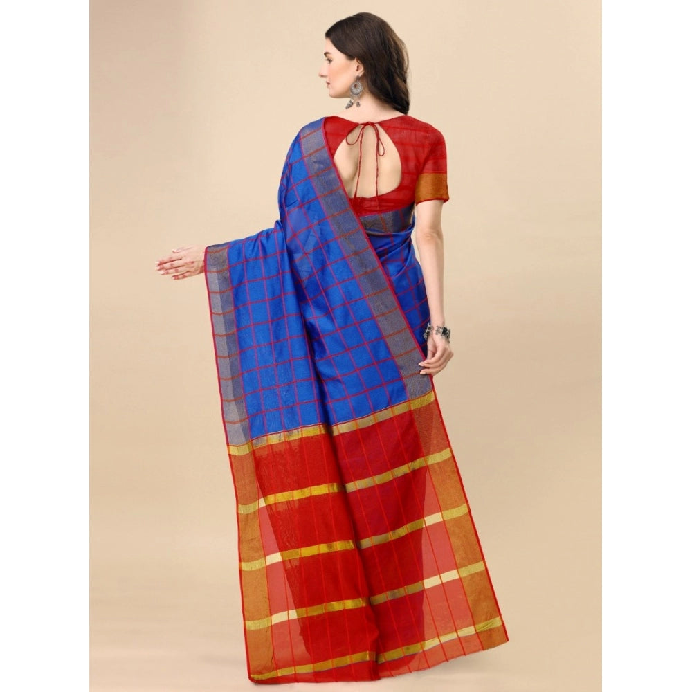Women'S Cotton Silk Checkered Saree With Unstitched Blouse 5.5