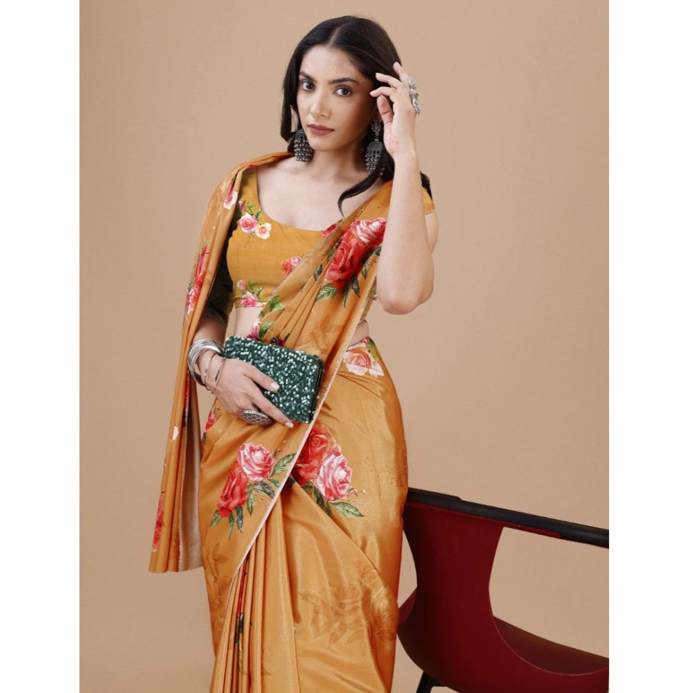 Women'S Crepe Digital Print Saree With Unstitched Blouse 5.5Mt