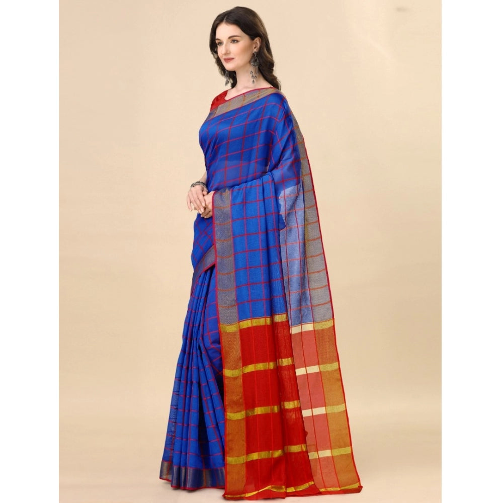 Women'S Cotton Silk Checkered Saree With Unstitched Blouse 5.5