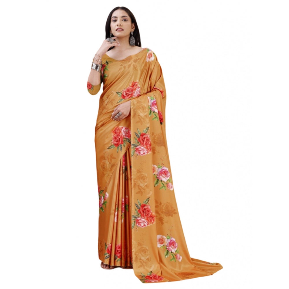 Women'S Crepe Digital Print Saree With Unstitched Blouse 5.5Mt